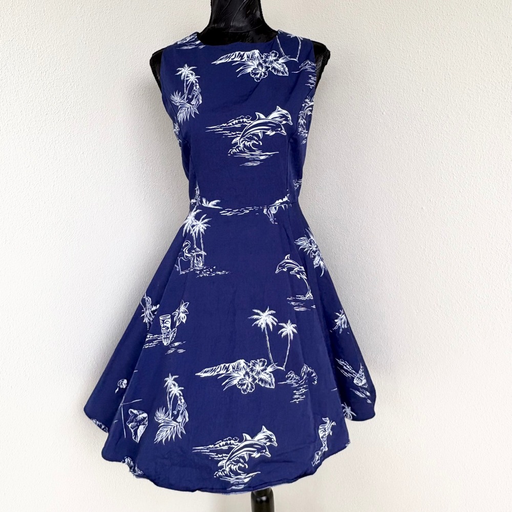 Hawaii Hangover Dress Tropical Dolphin Print Cotton, Womens Large Navy Blue